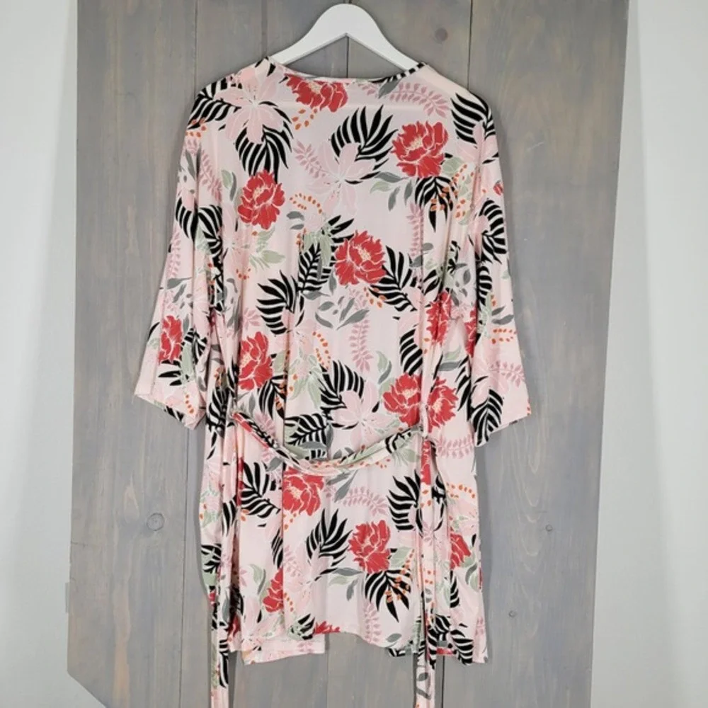 Flora Nikrooz Floral Robe Women Large Pink Tropical Palm Leaf‎ Kimono
